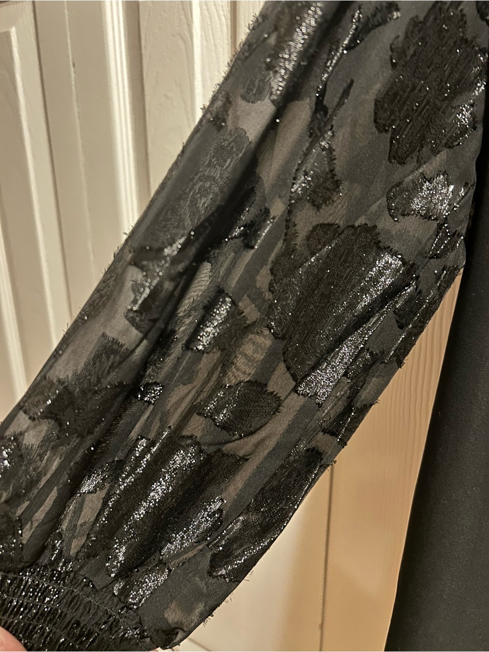 Anne Klein Black Sheer Floral-Sleeve Tie-Neck Blouse - Picture 4 of 5
